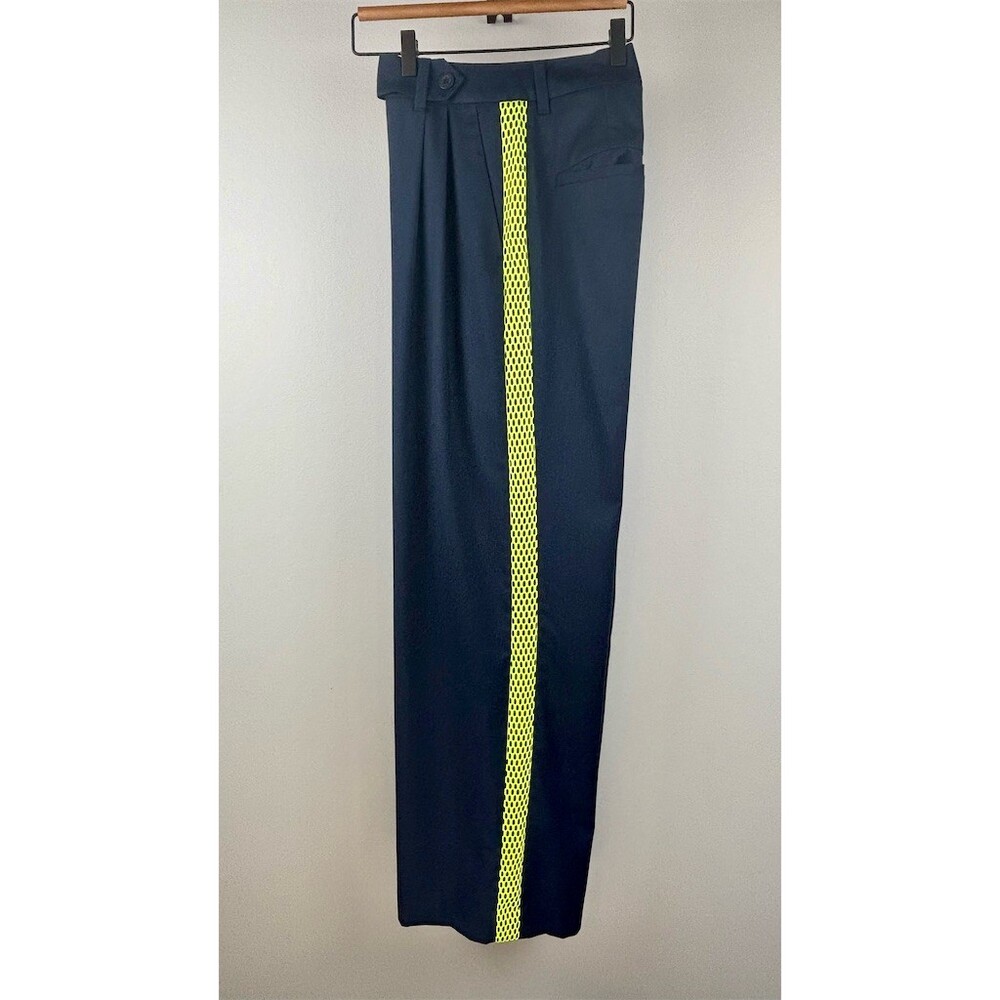 Wildfang Empower Pants Navy Wide-Leg High Rise Pleated Neon Stripe - Picture 3 of 10